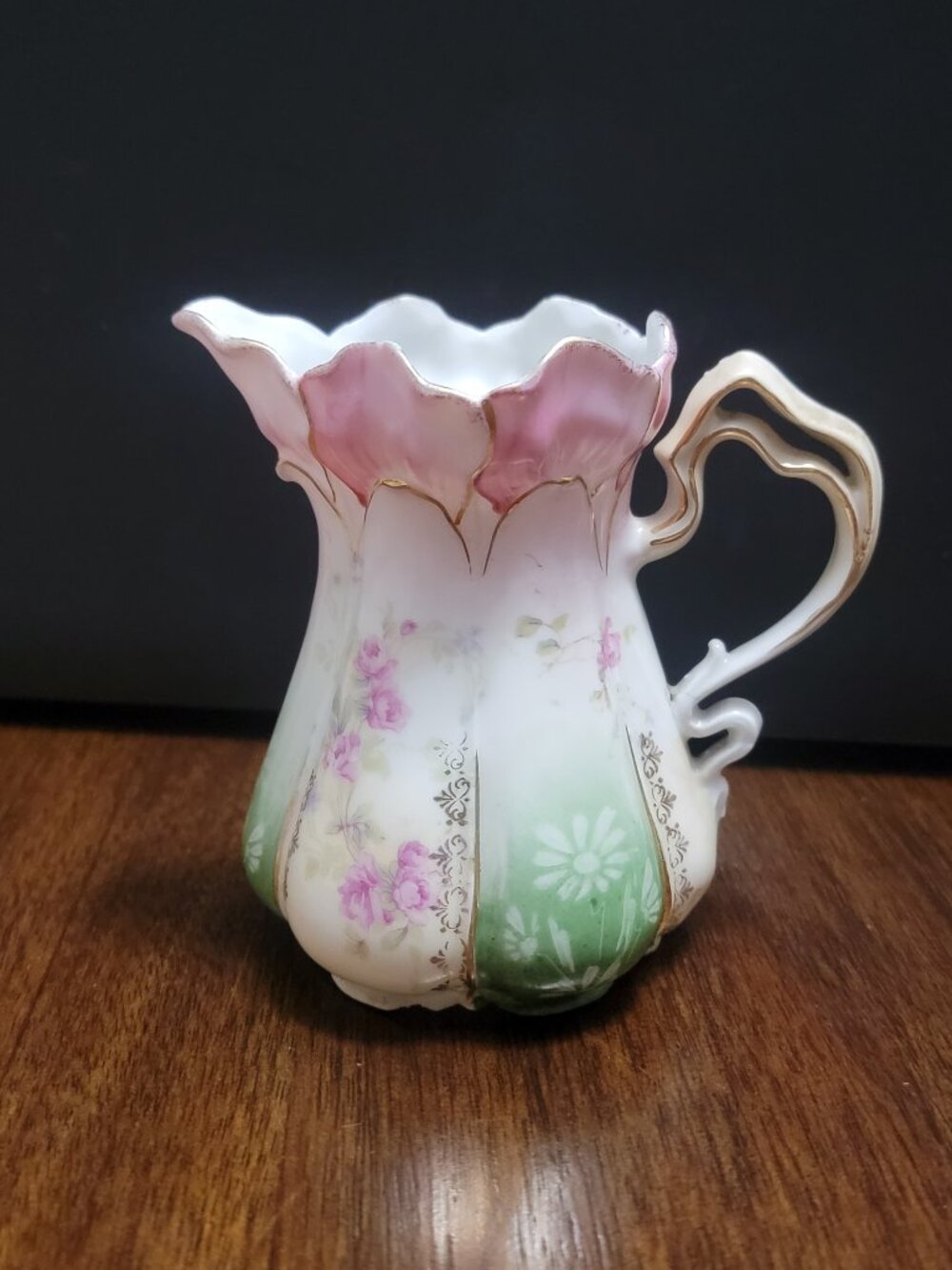 Antique Style Porcelain Cream Pitcher Pink Flowers Green Gold Ornate Handle